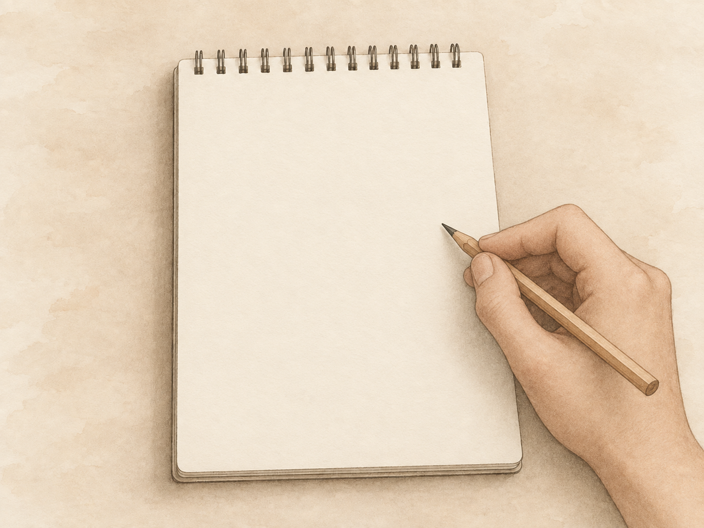 Zeichnung eines leeren Schreibblocks mit einer Hand, die einen Bleistift hält